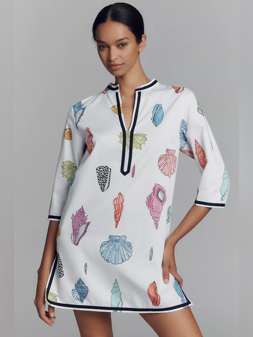 Vilagallo Diletta Seashell Print Kaftan Mini Dress One Size 100% Cotton Cover Up